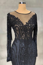 Classic Black Mermaid Prom Dress Long Sleeves with Tulle BM bride