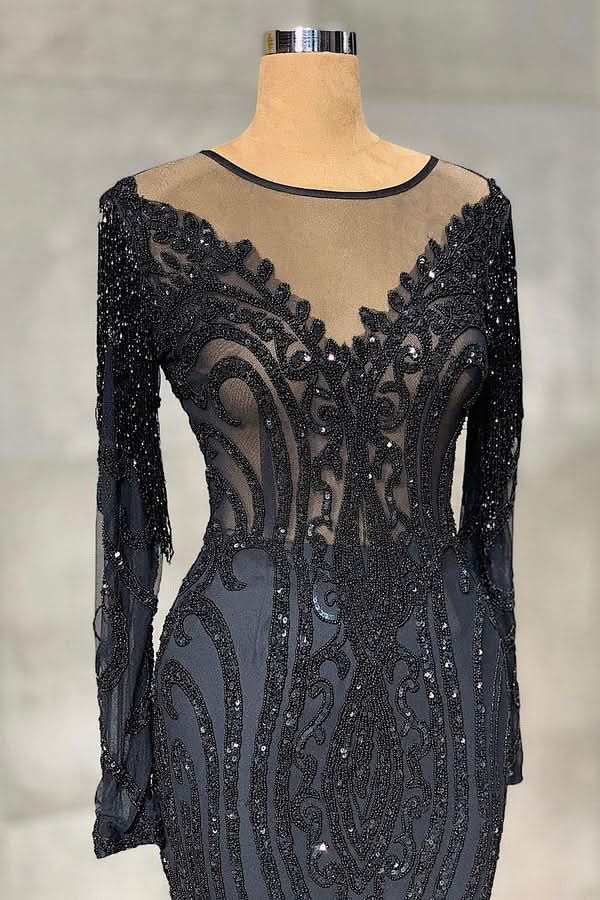 Classic Black Mermaid Prom Dress Long Sleeves with Tulle BM bride