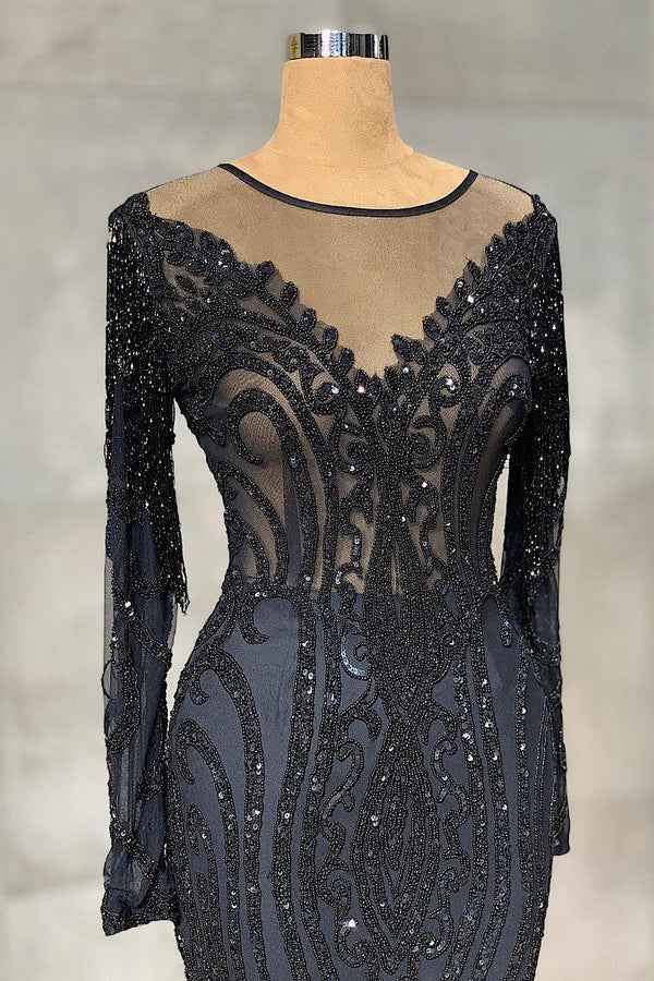 Classic Black Mermaid Long Prom Dress Long Sleeves With Tulle