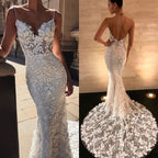 Spaghetti Strap Backless Long Mermaid Wedding Dress with Lace Appliques BM bride