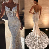 Spaghetti Strap Backless Long Mermaid Wedding Dress with Lace Appliques BM bride