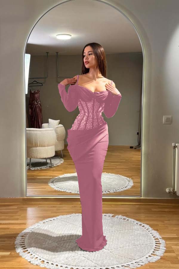 Off the Shoulder Long Sleeves Long Prom Dress With Sequins Pleated BMBRIDE