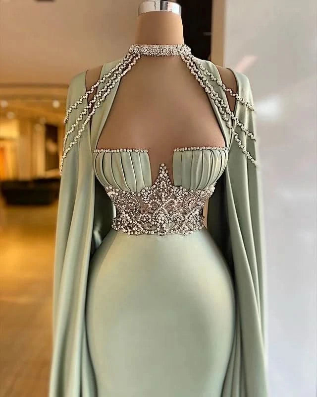 Elegant Halter Green Beaded A-Line Mermaid Prom Dress BM bride