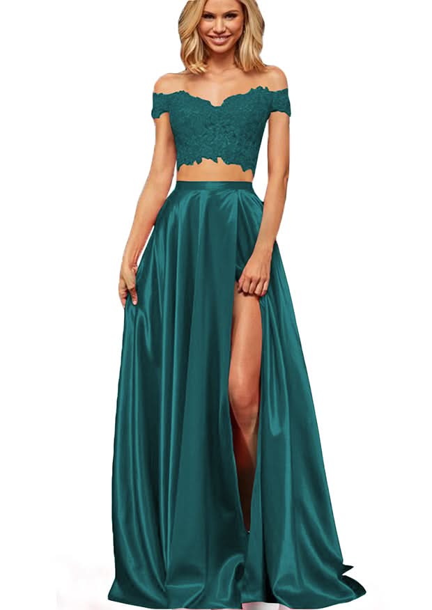 Off-the-Shoulder Two Pieces Prom Dress with Appliques and Slit BM bride
