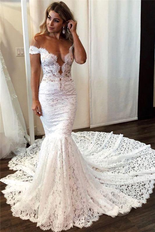 Off the Shoulder Appliques Lace Floor-length Mermaid Wedding Dress with Romantic Flair BM bride