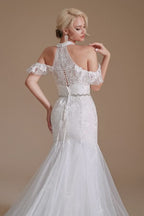 Elegant Long Mermaid Halter Tulle Floor-Length Wedding Dress with Lace Appliques BM bride