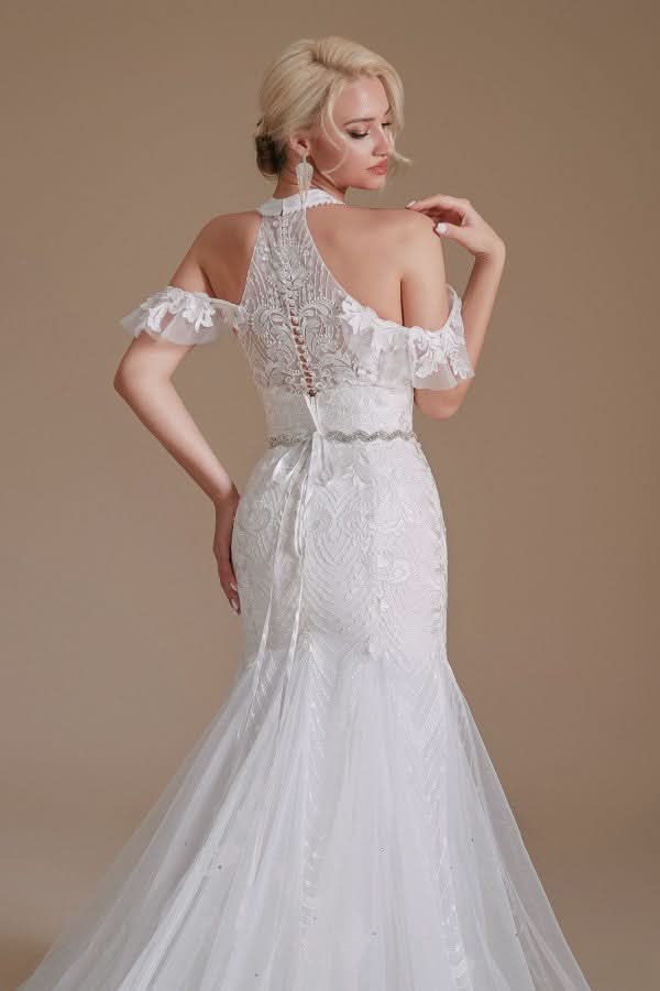 Elegant Long Mermaid Halter Tulle Floor-Length Wedding Dress with Lace Appliques BM bride