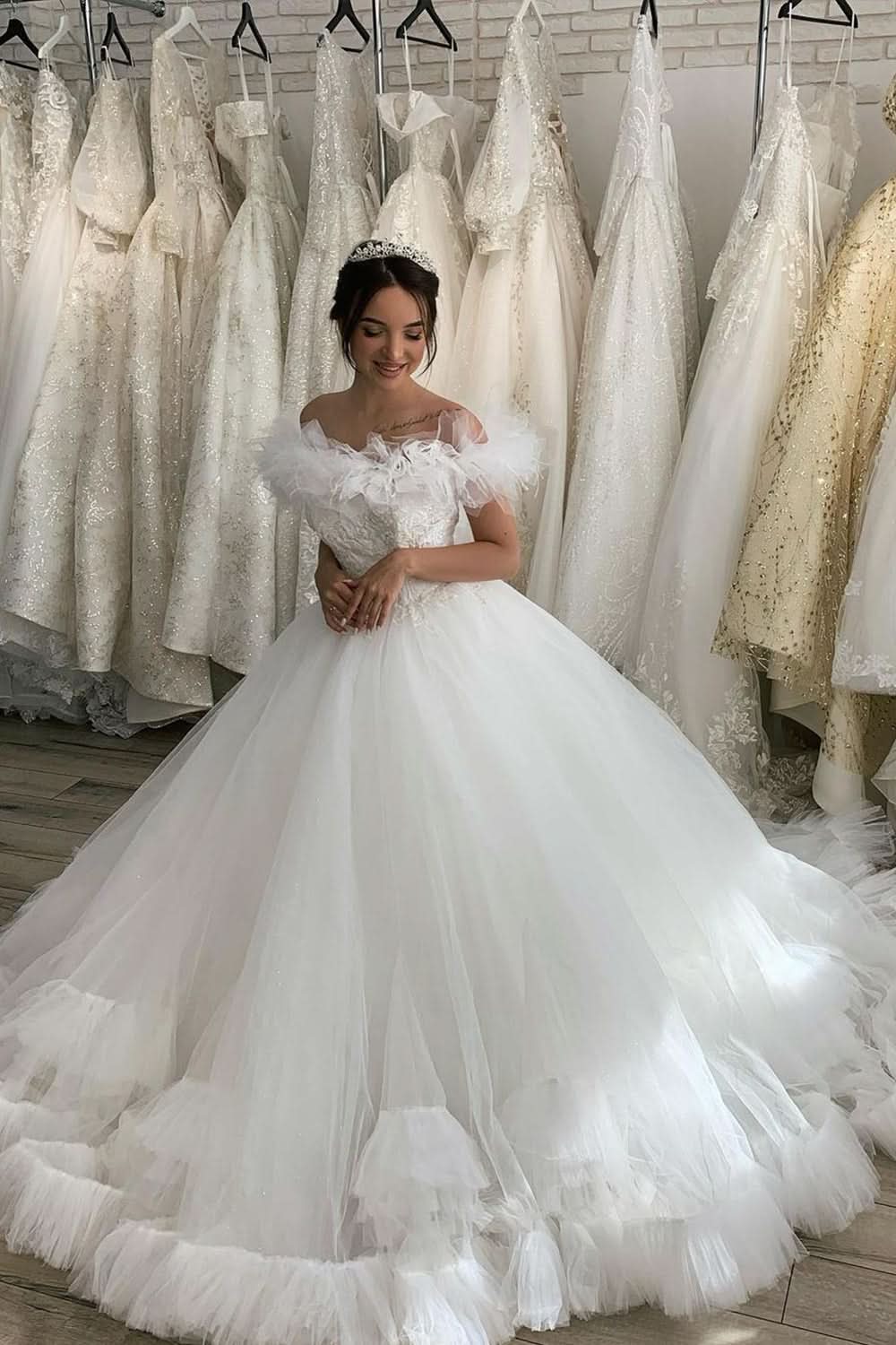 Long Two Piece Wedding Dress With Lace Layers Tulle Short Sleeves BM bride