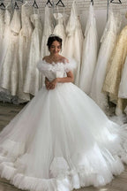Long Two Piece Wedding Dress With Lace Layers Tulle Short Sleeves BM bride