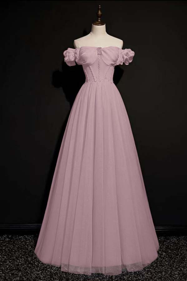 Off the Shoulder Strapless Sleeveless Long Prom Dress With Tulle BMBRIDE