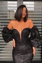 Black Sweetheart Detachable Sleeves Sequins Mermaid Prom Dress BM bride
