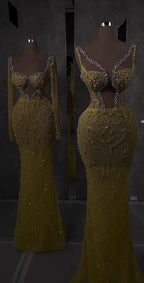 Gold Sequins Mermaid Prom Dress Cut Out V-Neck Long Beading Dress BM bride