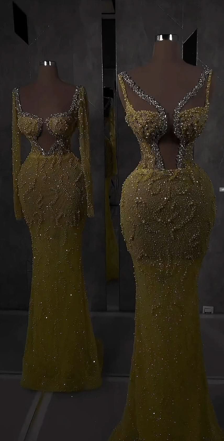 Gold Sequins Mermaid Prom Dress Cut Out V-Neck Long Beading Dress BM bride