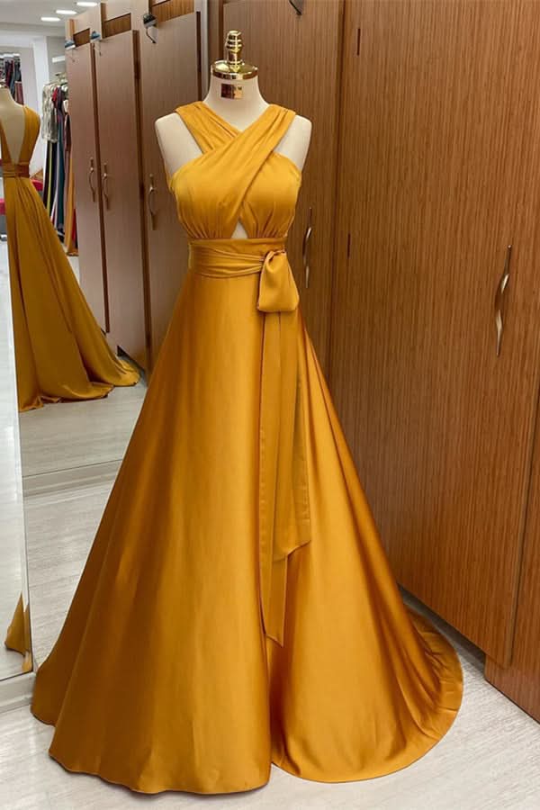 Elegant Strapped A-Line Long Prom Dress with Halter BM bride