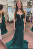 Stylish Dark Green Spaghetti Straps Beaded Mermaid Long Prom Dress BM bride