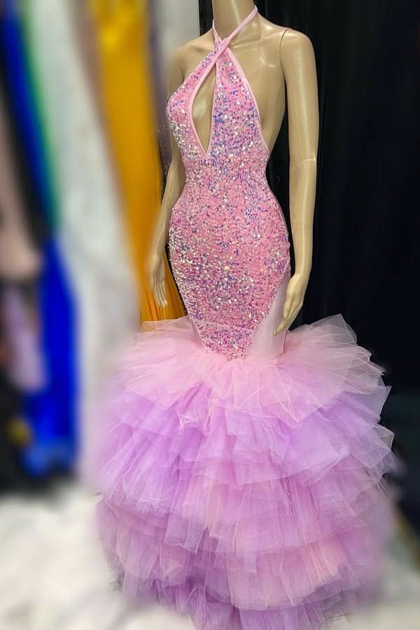 Tulle Prom Dress Sequins Mermaid Halter Sleeveless with Sequins BM bride