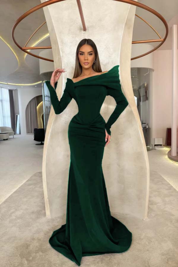 Off the Shoulder Long Sleeves Long Mermaid Prom Dress With Pleated BMBRIDE