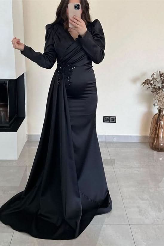 Long Sleeves Ruffle Mermaid Prom Dress with Beadings and Front Split BM bride