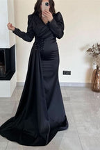 Long Sleeves Ruffle Mermaid Prom Dress with Beadings and Front Split BM bride