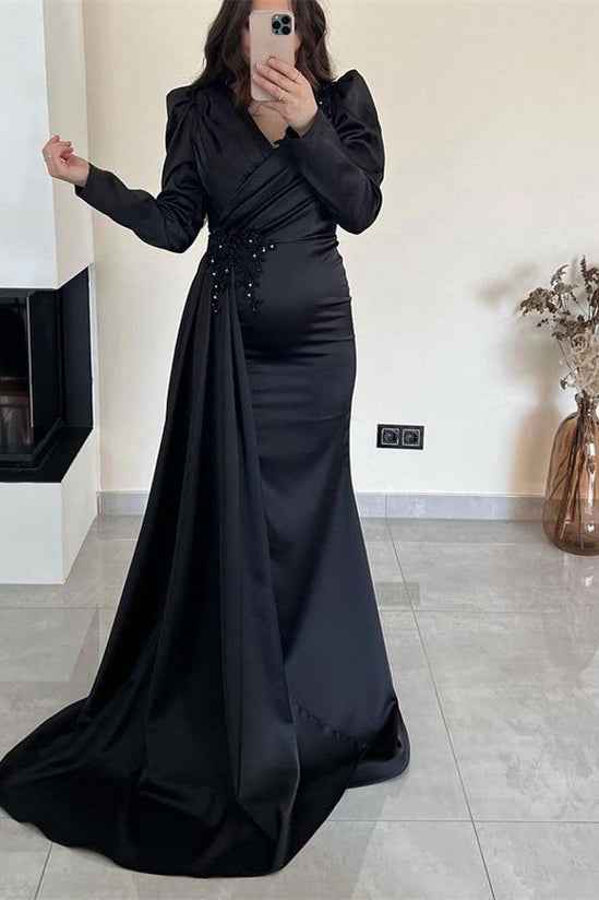 Ruffles Mermaid Beadings Long Sleeves Pleated Prom Dress With Front Split