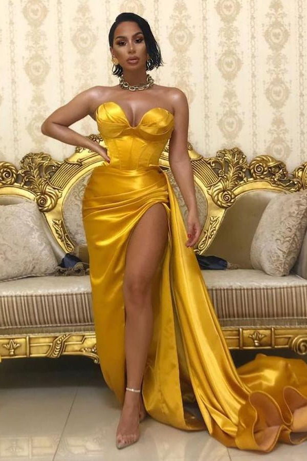 Long Sweetheart Sleeveless Strapless Pleated Long Prom Dress With High Split