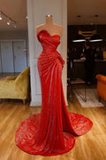 Strapless Sweetheart Sleeveless Long Mermaid Prom Dress Red With Sequins BMBRIDE