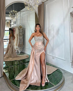Lotus Root Pink Long Mermaid Satin Prom Dress with Trail, Beadings, Sleeveless BM bride