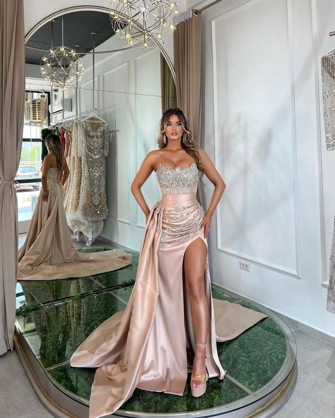 Lotus Root Pink Long Mermaid Satin Prom Dress with Trail, Beadings, Sleeveless BM bride