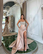 Lotus Root Pink Prom Dress Long Mermaid Satin With Trail Beading Sleeveless