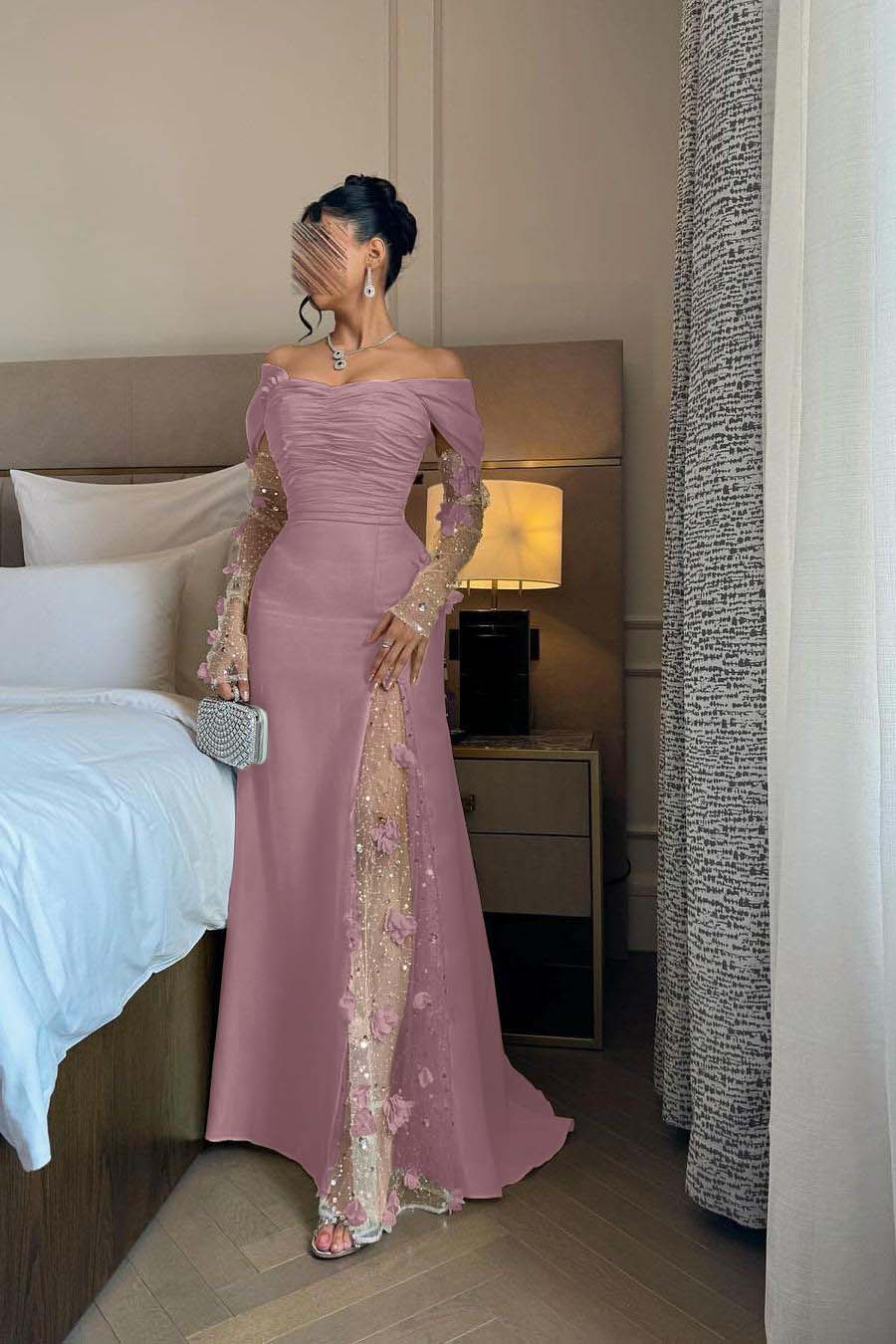 Off the Shoulder Long Sleeves Long Prom Dress With Split Appliques BMBRIDE