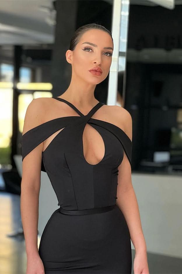 Off-the-Shoulder Black Halter Mermaid Evening Dress BM bride
