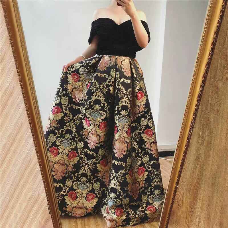 Retro Off the Shoulder Black Sleeveless Bead Embroidery Princess Long Prom Dress