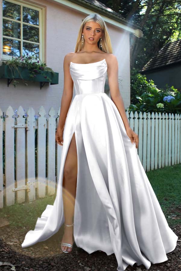Strapless Sleeveless A Line Long Prom Dress With Split Pleated BMBRIDE