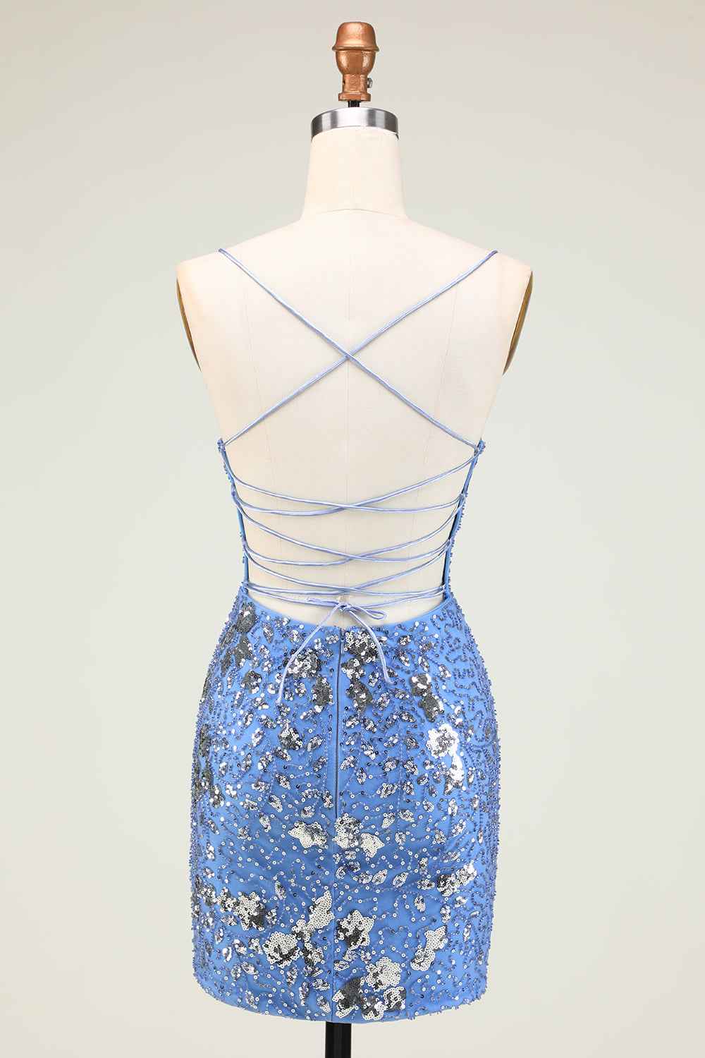 Sparkly Blue Sequined Beaded Backless Tight Short Homecoming Dress