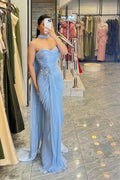 Strapless Sleeveless Long Mermaid Prom Dress With Pleated Appliques