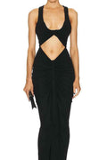 Black Halter Sleeveless Pleated Long Prom Dress With Ruffles