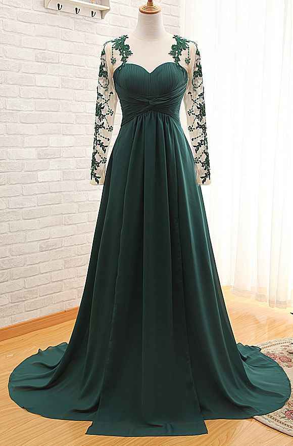 Dark Green Long Sleeves Chiffon Long Prom Dress With Appliques