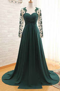 Dark Green Long Sleeves Chiffon Long Prom Dress With Appliques