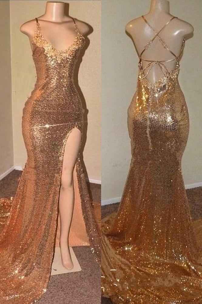 Champagne Gold Sequins Spaghetti Strap V Neck Sleeveless Mermaid Prom Dress