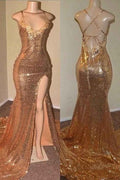 Champagne Gold Sequins Spaghetti Strap V Neck Sleeveless Mermaid Prom Dress