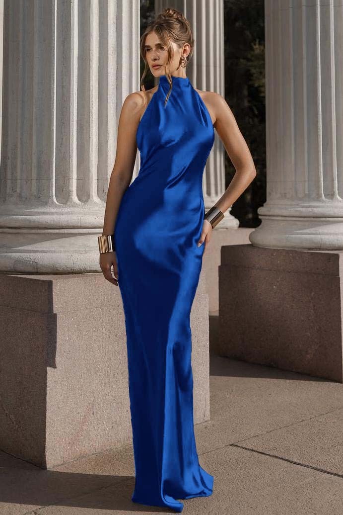 Halter Sleeveless Backless Mermaid Long Prom Dress With Pleated BMBRIDE