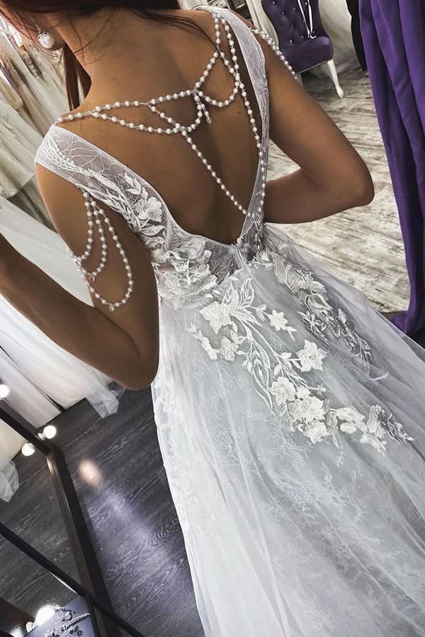 Strappy V-Neck A-Line Backless Wedding Dress with Pearl Appliques BM bride