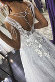 Strappy V-Neck A-Line Backless Wedding Dress with Pearl Appliques BM bride