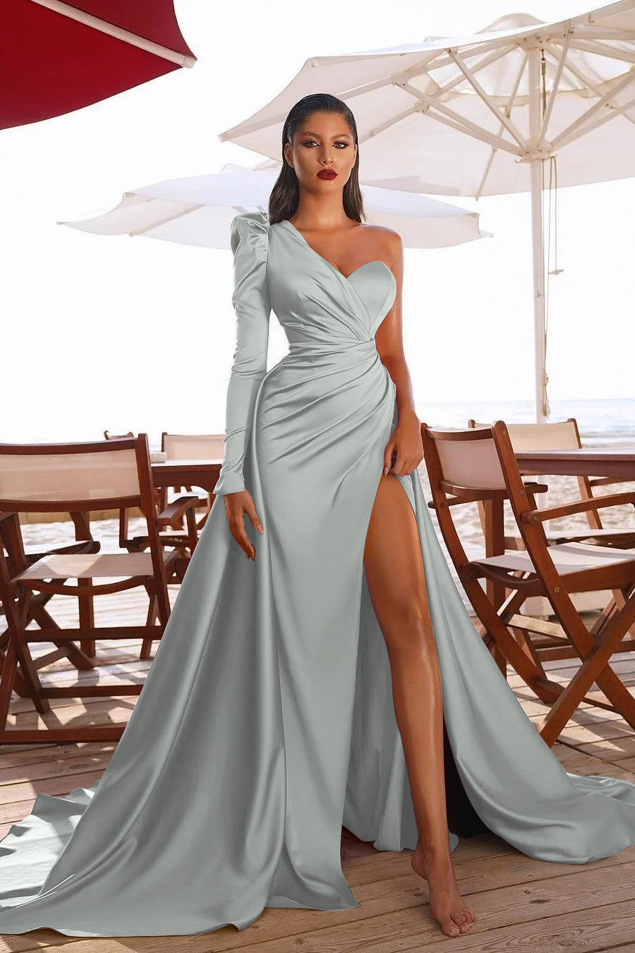 Glamorous One Shoulder Long Sleeve Long Pleated Prom Dress With High Split BMBRIDE