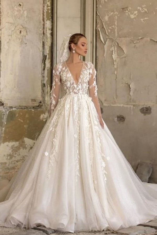 Deep V-neck Long Sleeves A-Line Wedding Dress With Lace Appliques Ruffles Tulle BM bride