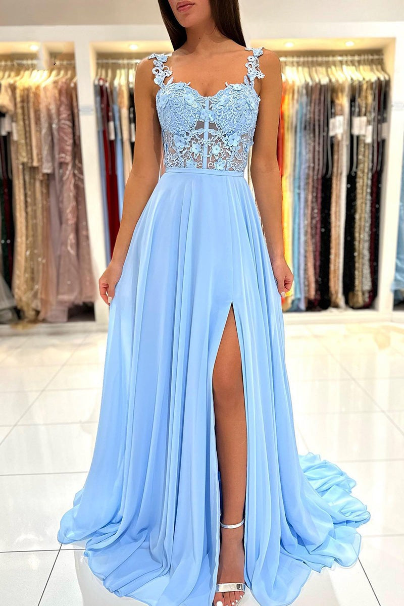 Baby Blue Sweetheart A-Line Lace Long Prom Dress with Slit BM bride