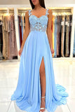 Baby Blue Sweetheart A-Line Lace Long Prom Dress with Slit BM bride
