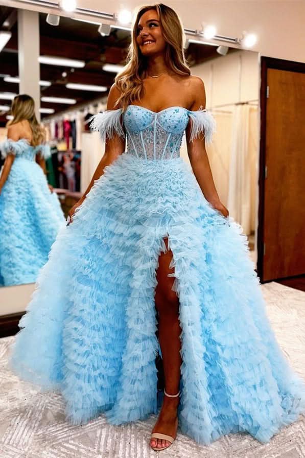 Light Blue V Neck Feather Ball Gown Evening Dress with Slit BM bride