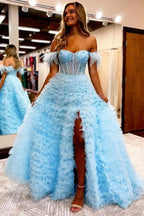 Light Blue V Neck Feather Ball Gown Evening Dress with Slit BM bride