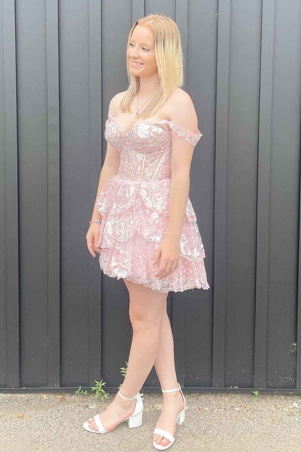 Sparkly White Corset Tiered Lace A-Line Short Homecoming Dress